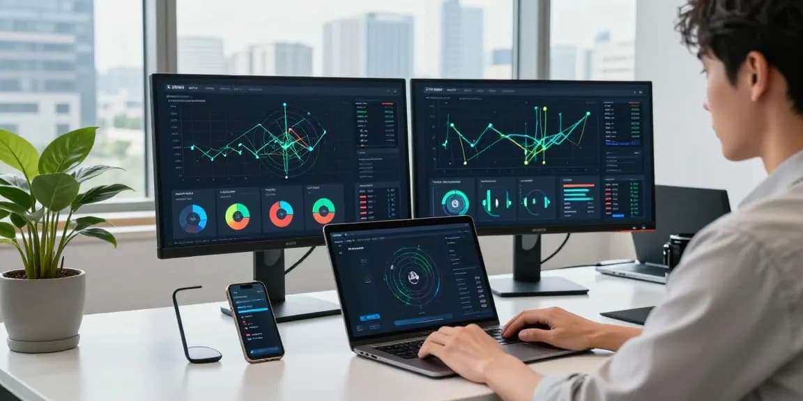 快连 VPN enhancing productivity in a modern tech workspace with multiple screens and a vibrant city view.
