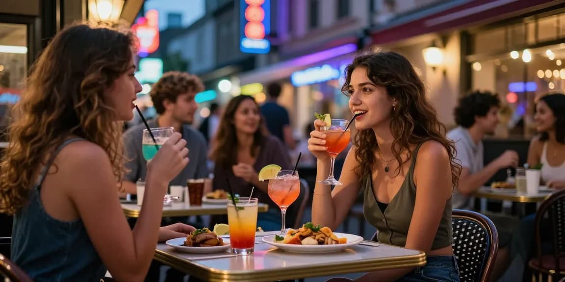 Gái gọi gặp gỡ bạn bè trong không gian thành phố nhộn nhịp vào ban đêm.