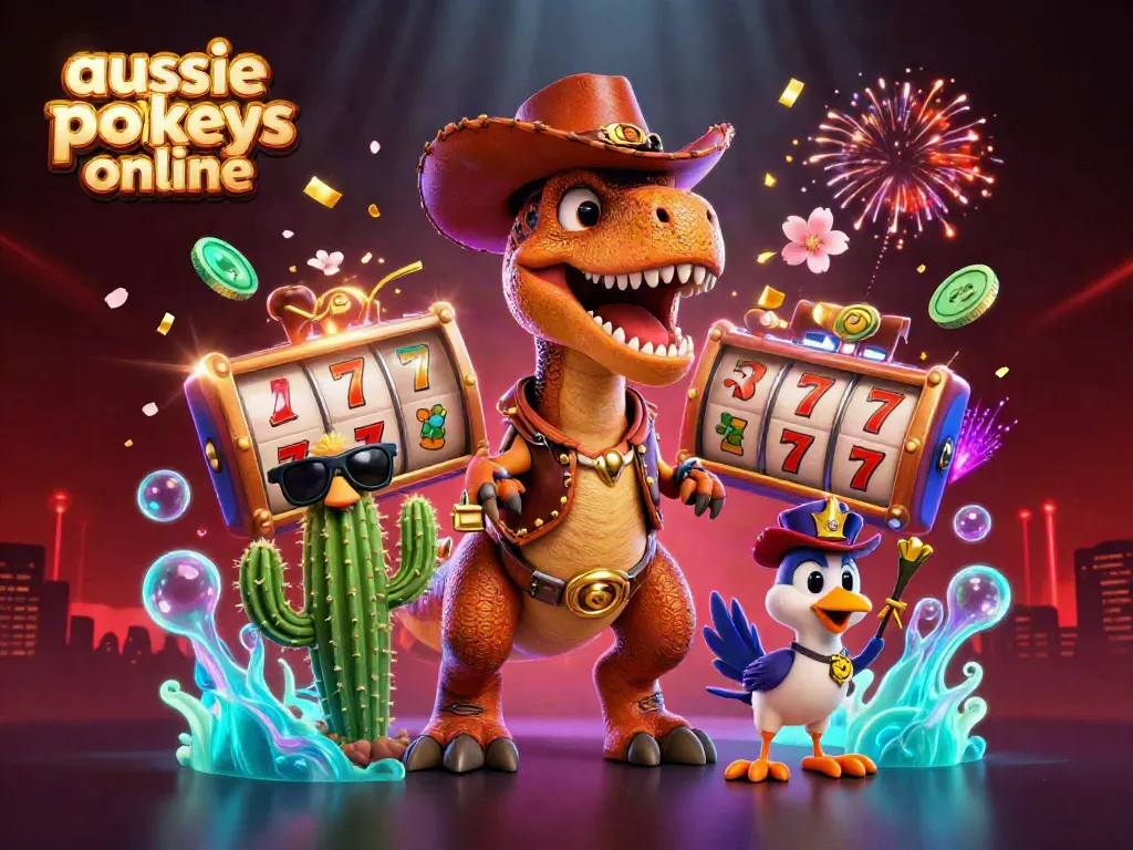 Aussie pokies online - engage with vibrant 3D pokies scene featuring a cowboy dinosaur and friends amidst slot games and sparkling confetti.