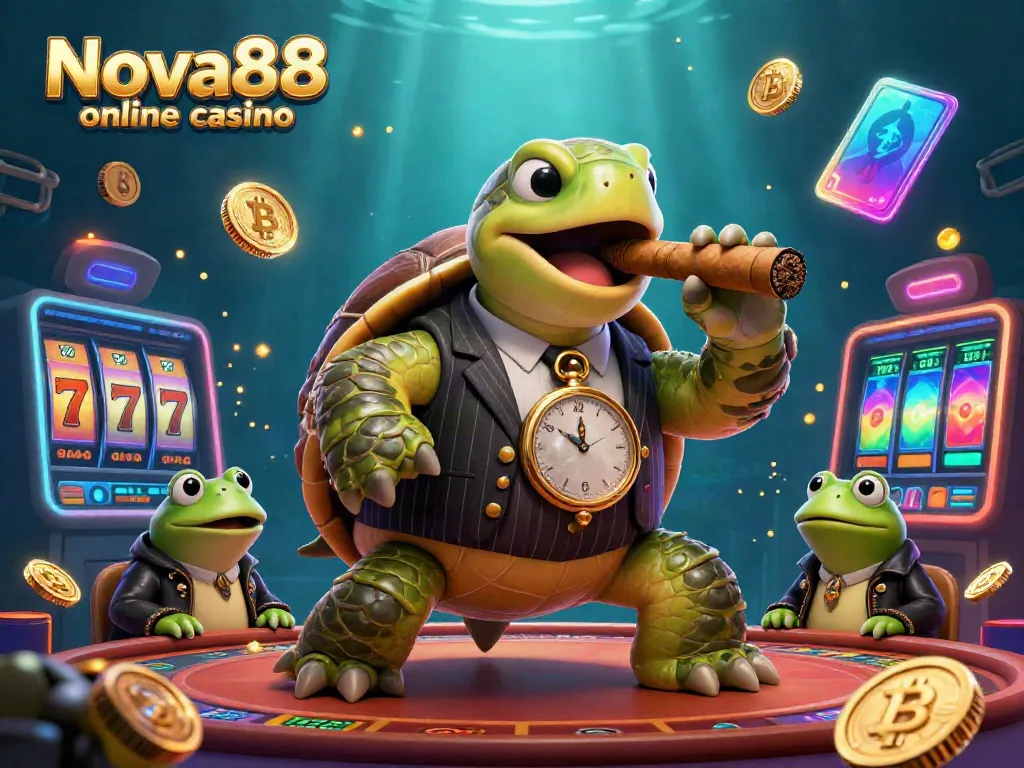 Experience Nova88 online casino with an immersive 3D casino scene featuring a snapping turtle in a mobster suit and vibrant game elements.
