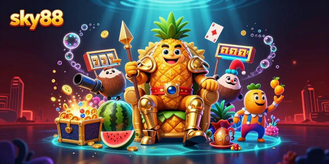 sky88 vibrant casino scene with a golden pineapple king, slot reels, and gem-filled treasure