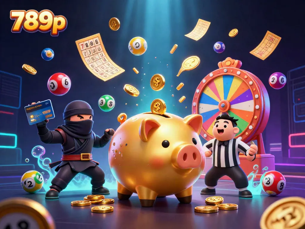 Join the fun at 789p, featuring a lively scene with dynamic elements like colorful lottery balls and golden prizes.