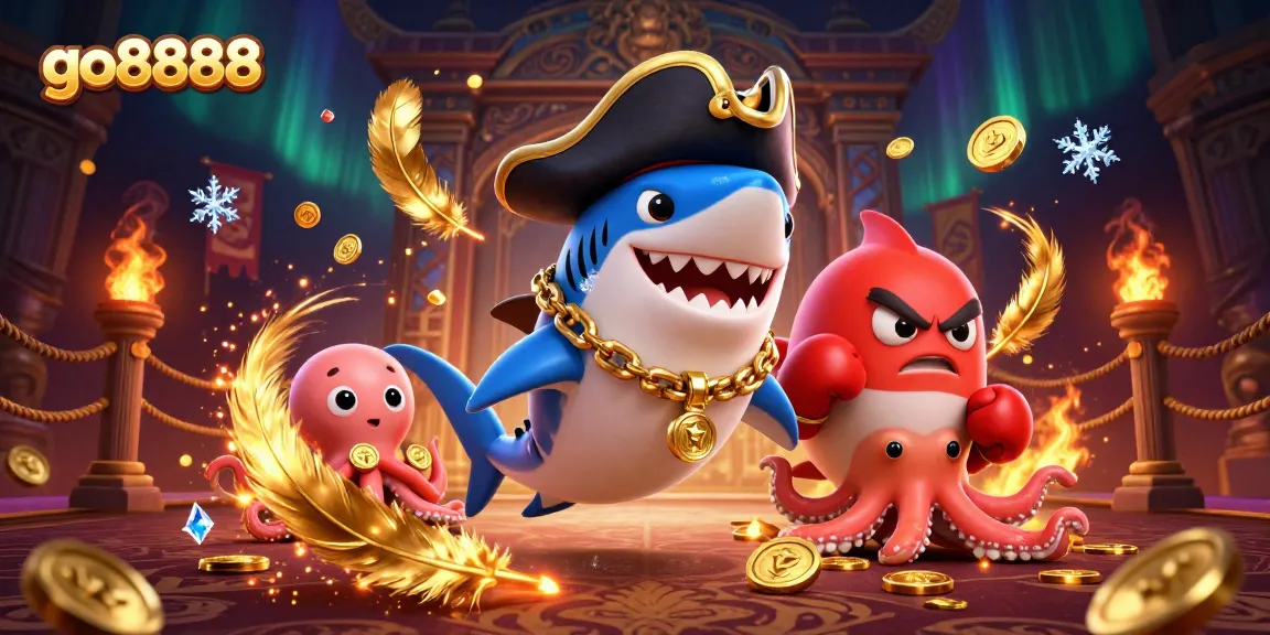 Win big at go8888 with the dynamic casino-themed illustration featuring a pirate shark, pufferfish, and octopus.