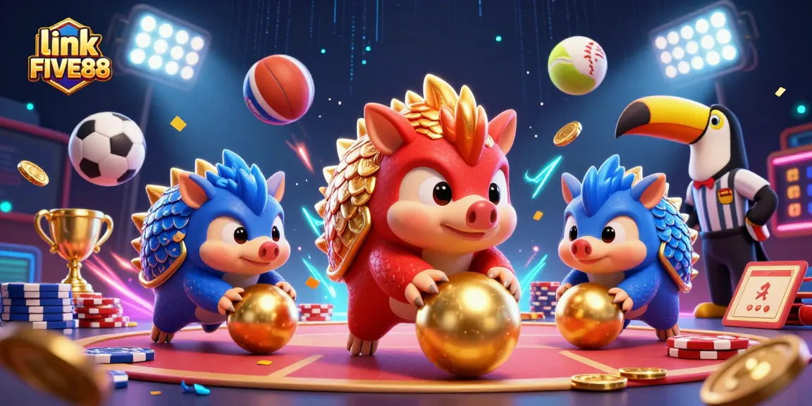 Engage with the fun-filled scene where link FIVE88 features rival pangolins competing, celebrating sports betting excitement with gold coins and trophies.