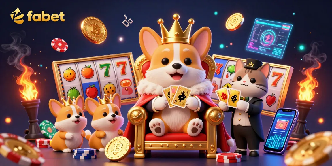 Play exciting games with fabet, as a royal corgi rules the casino world surrounded by vibrant slot elements.