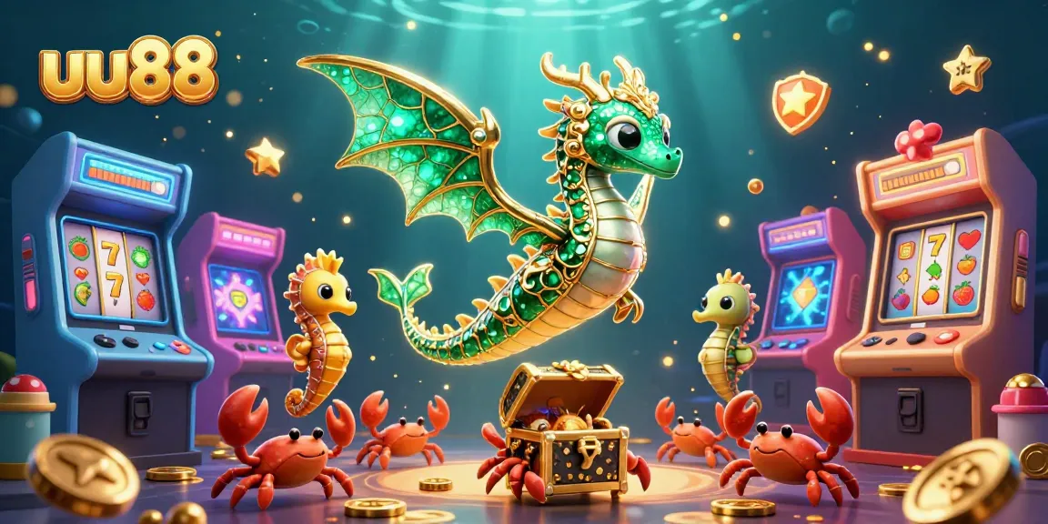 Experience uu88 with a 3D illustrated sea dragon and treasure in a vibrant casino scene.
