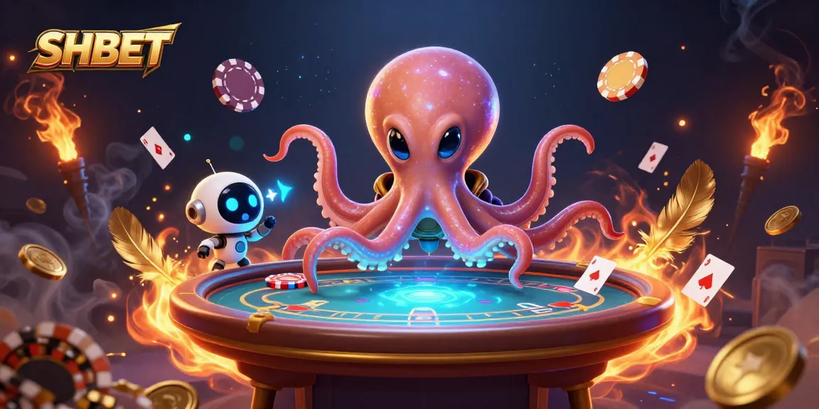 Experience SHBET with an alien octopus in a dazzling casino scene featuring vibrant poker elements.