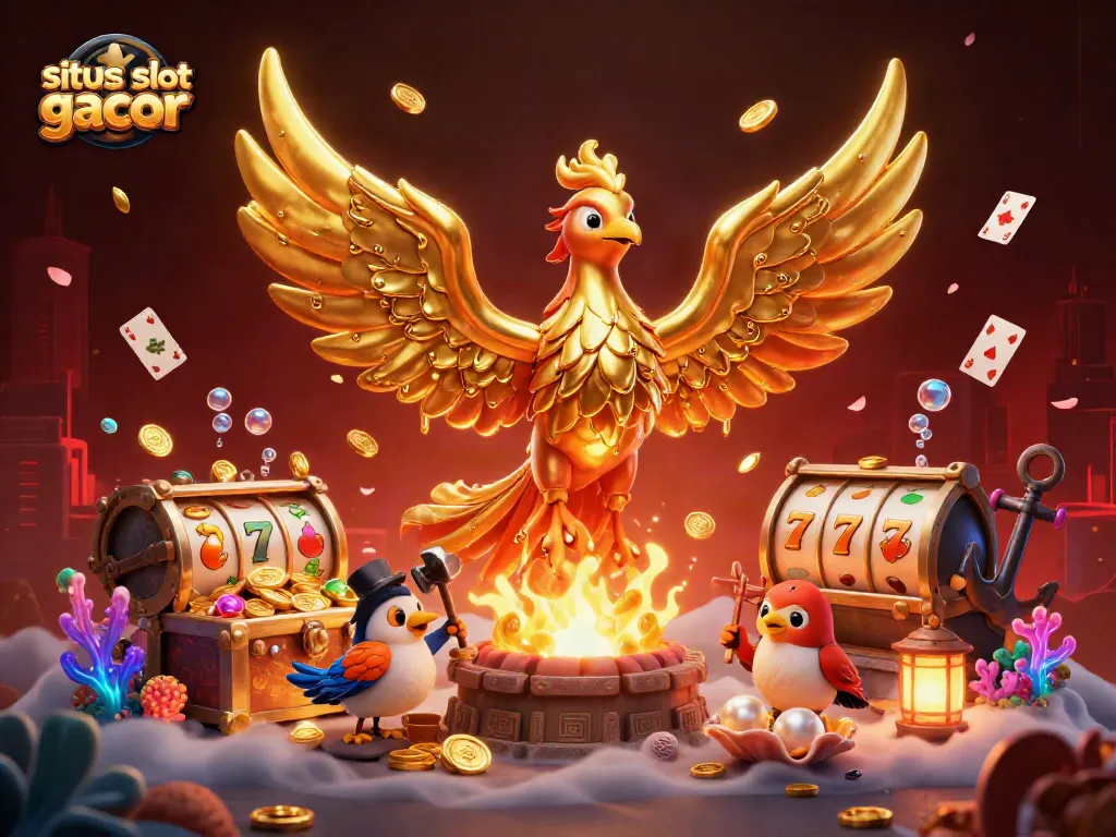 Win big with situs slot gacor as a molten phoenix and sparrows create gold coins in a vibrant casino scene.