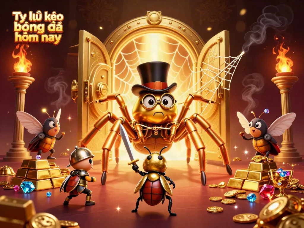 Tỷ lệ kèo bóng đá hôm nay illustrated with a giant tarantula and beetle knight amidst treasures.