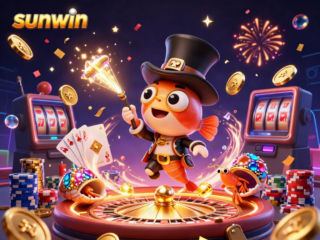 Sunwin attracts players with a vibrant 3D illustration of an anglerfish, shrimp, and sea snail amidst cascading coins and casino elements.