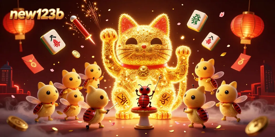 Engage with the vibrant, 3D scene of new123b where golden fireflies embody a lucky cat amidst dynamic casino symbols.