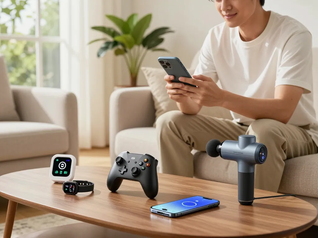 Explore cool tech gadgets under $113 like the 8BitDo Ultimate controller and Bluetooth smartwatch in a cozy modern living room setting.