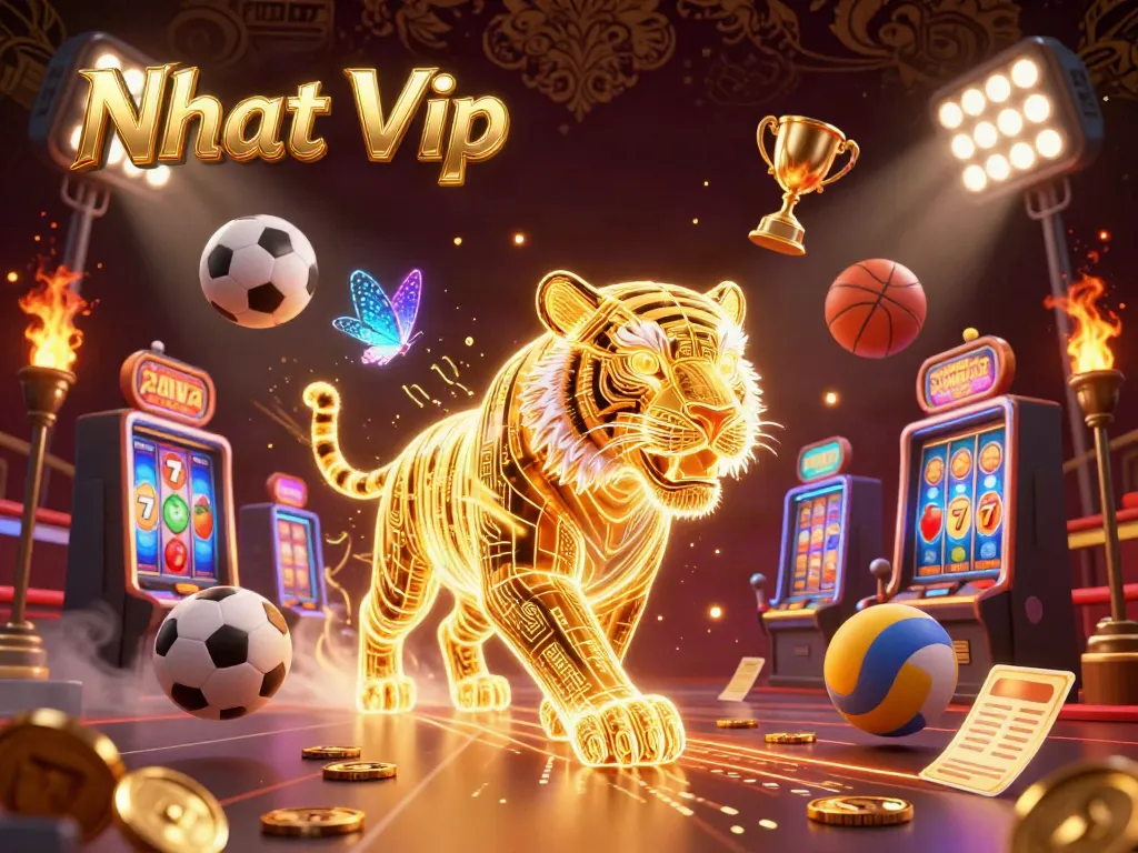 Nhat Vip showcases an exciting scene with a neon tiger and slot machines amid sports elements.