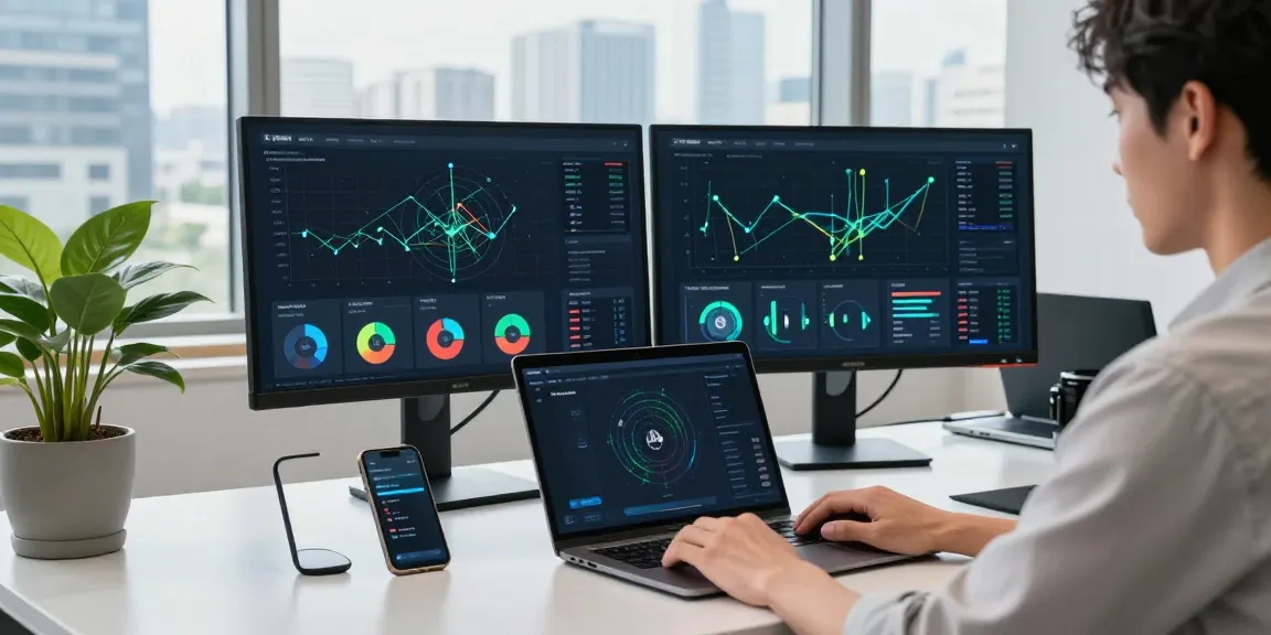 快连 VPN enhancing productivity in a modern tech workspace with multiple screens and a vibrant city view.