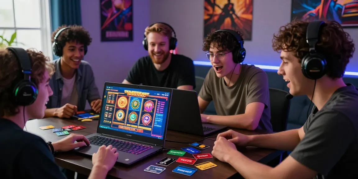 Freunde genießen das Gameplay in einem Paysafe Card Casino und zeigen Freude und farbenfrohe Grafiken.