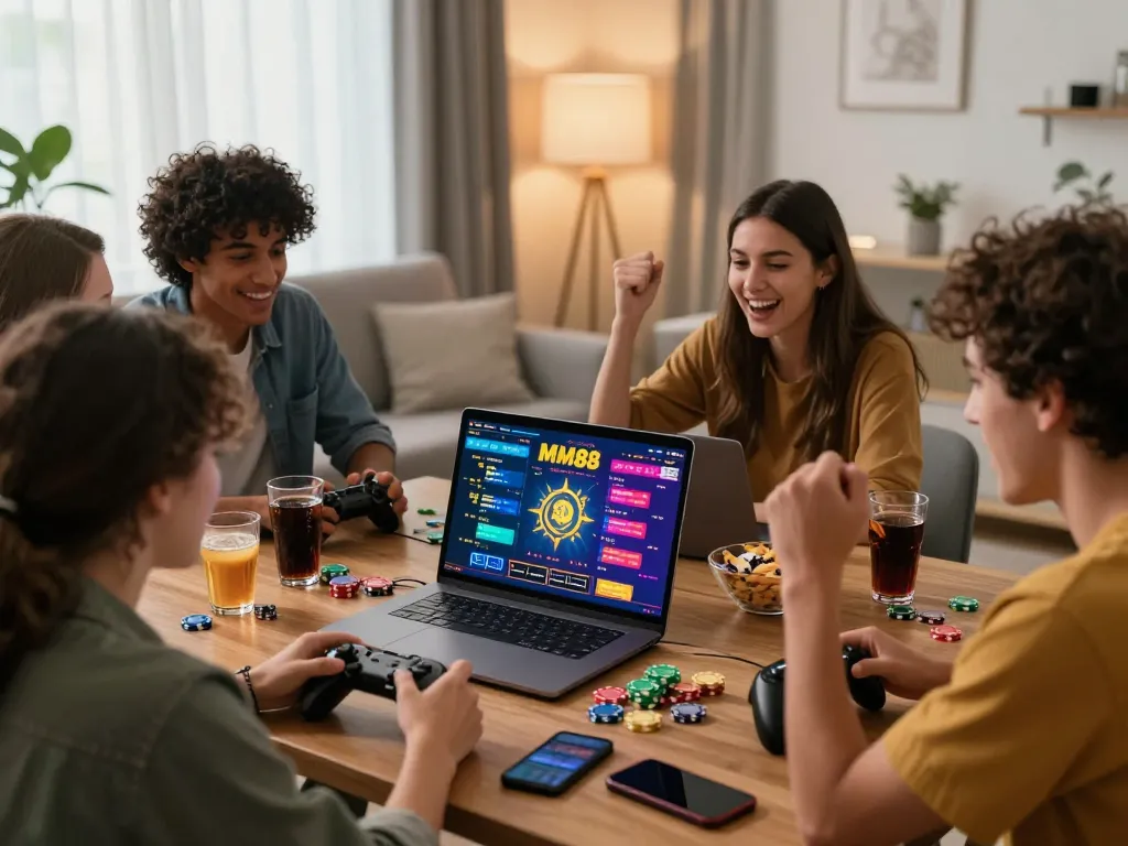 Friends engaging in online gaming on MM88 platform while enjoying snacks in a cozy living room.