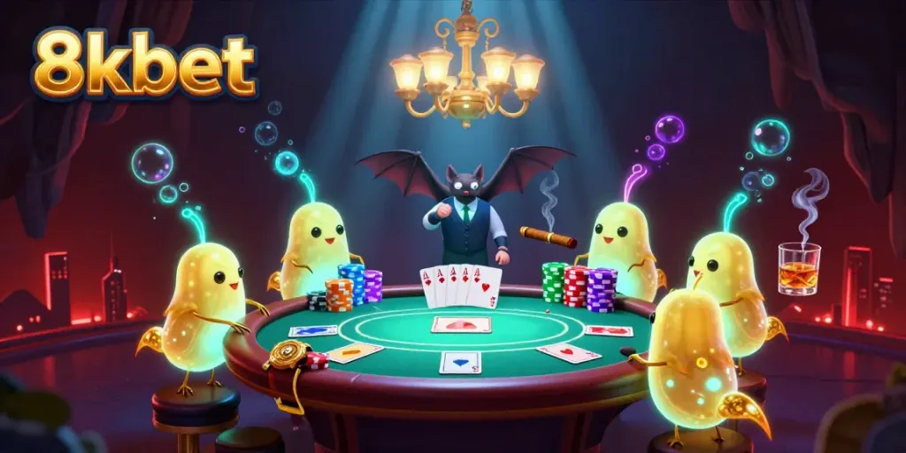 Experience thrilling poker action at 8kbet in this vibrant casino illustration featuring glowworms and a bat dealer.