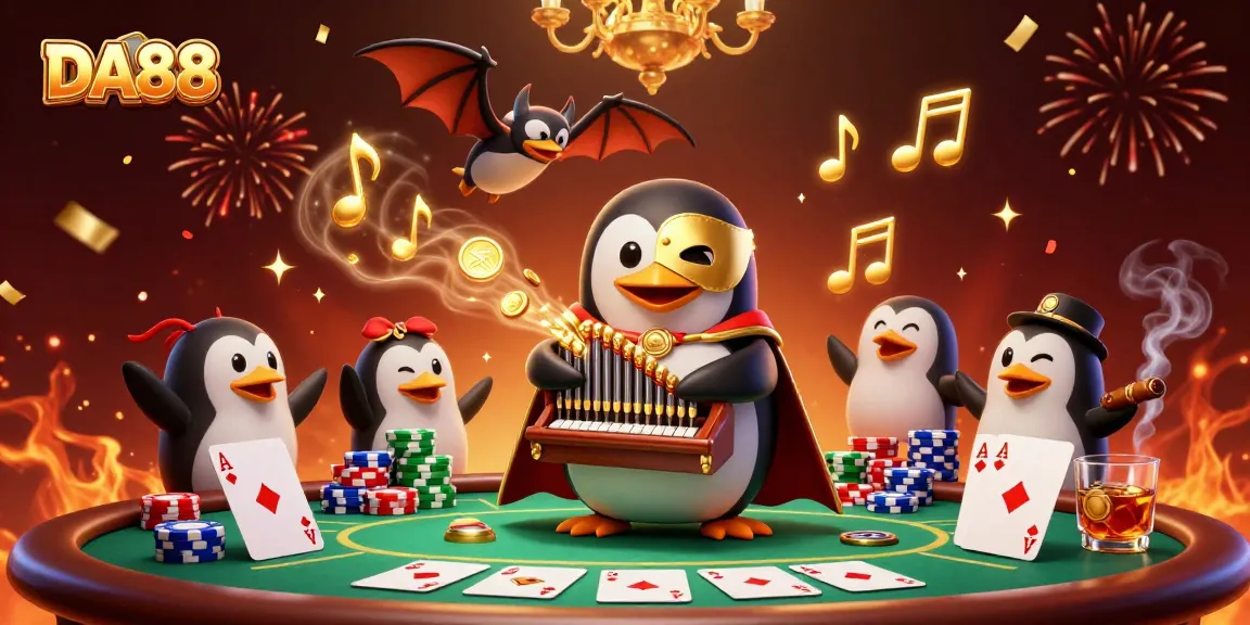 Experience the DA88 magic with a whimsical casino scene featuring a phantom penguin and poker elements.