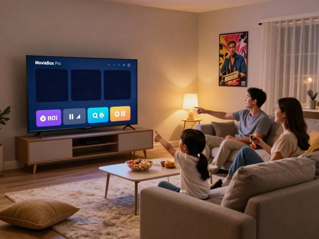 Family enjoying movie night using MovieBox Pro app in a cozy living room.