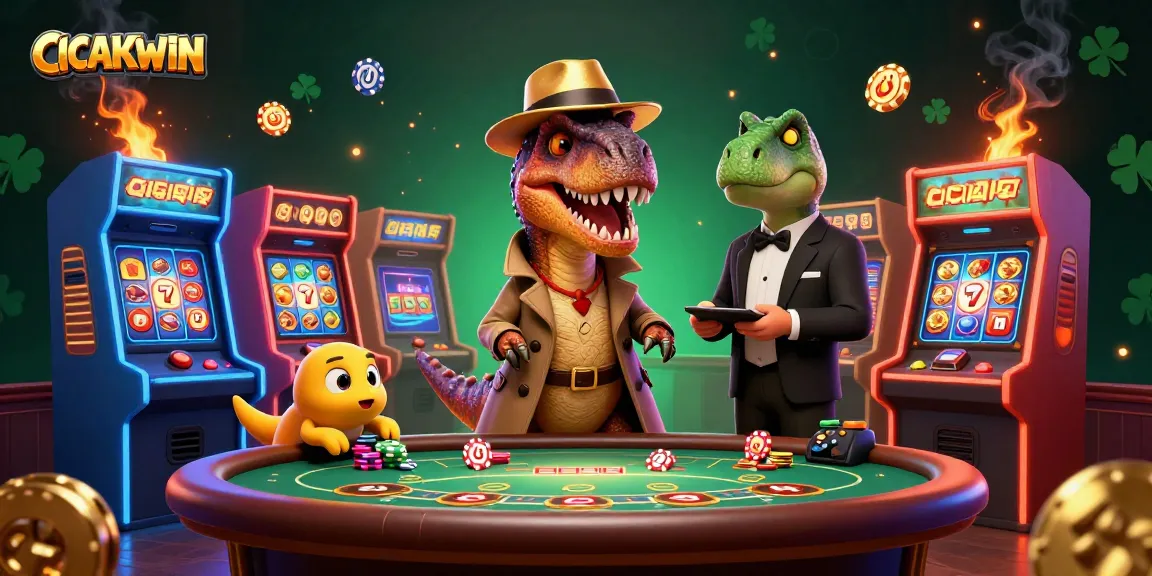 Engage in thrilling gameplay experience at CICAKWIN with cartoon velociraptor and casino elements.