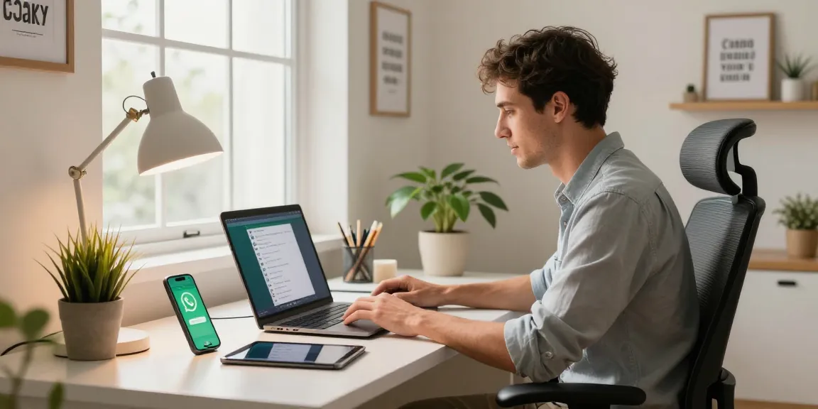 Engaged user on WhatsApp網頁版 in a modern home office setting, showcasing effective communication tools.