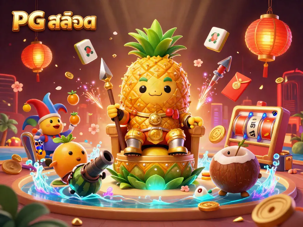 Engage with PG สล็อต’s thrilling games in a vibrant beach casino setting featuring a golden pineapple king.