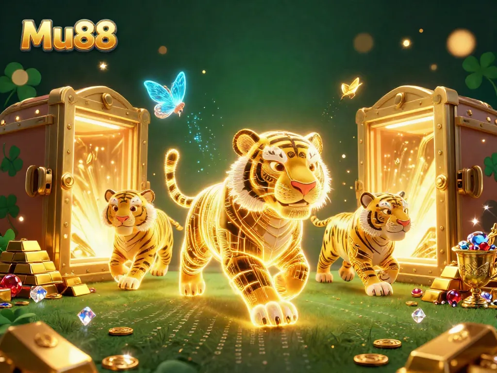 Experience thrilling adventures with Mu88's immersive casino scene featuring a glowing golden tiger.