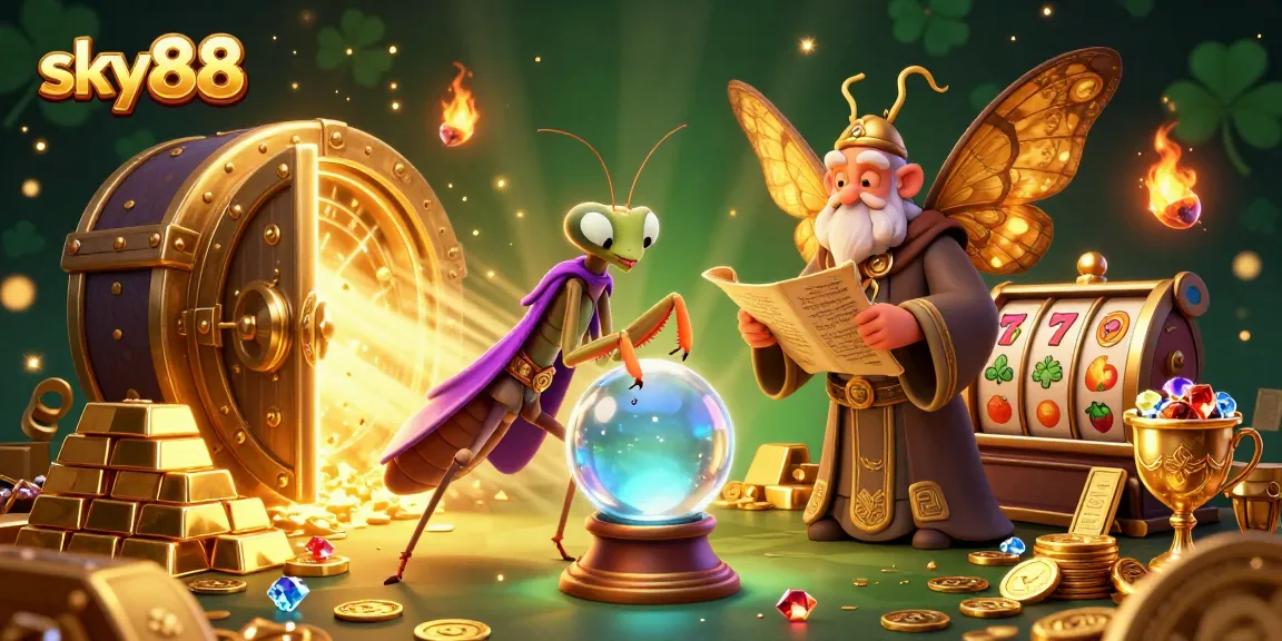 Experience thrilling wins at sky88 with vibrant 3D casino illustration showcasing slot reels and lucky symbols.
