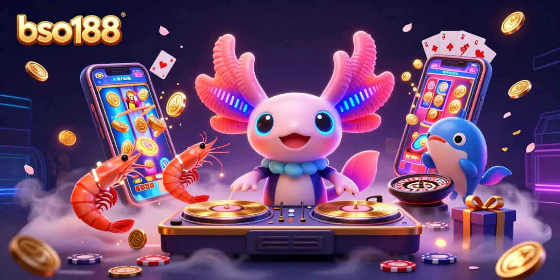Engage with vibrant gaming energy as bso188 combines a DJ axolotl and dynamic casino elements.