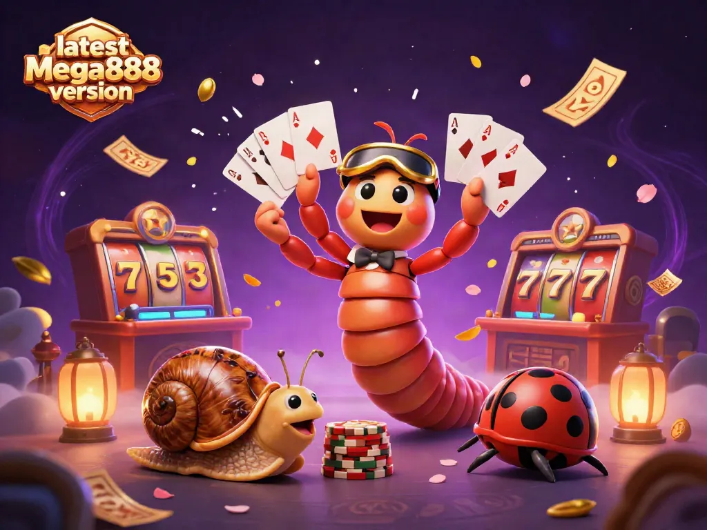 Experience the excitement of the latest Mega888 version with cartoon characters and casino elements.