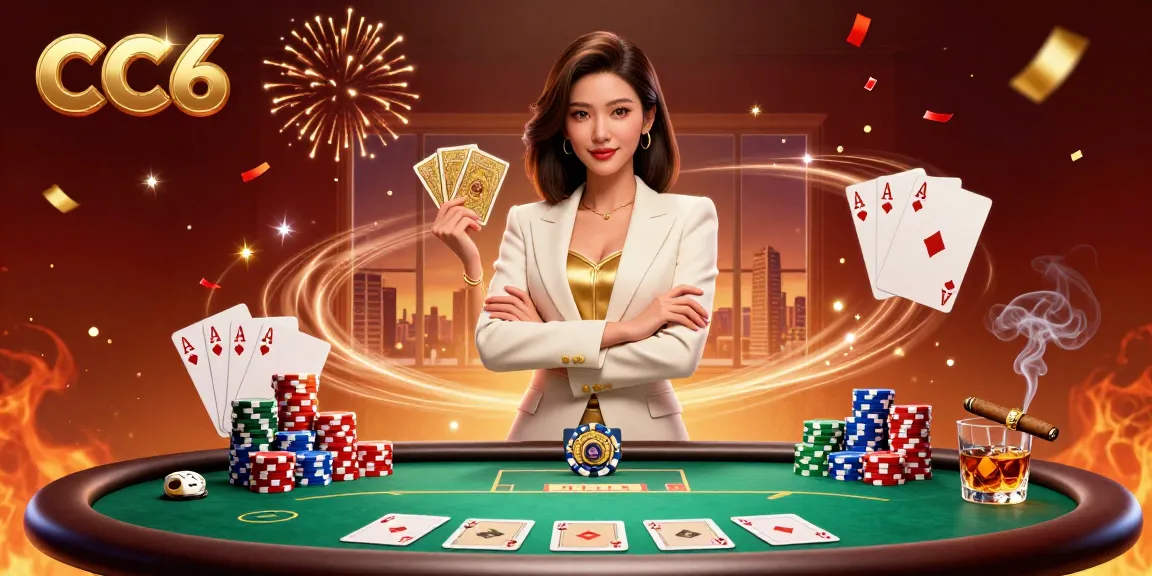 Experience the thrill of CC6 with a powerful Asian businesswoman holding cards amidst poker chips and festive details.