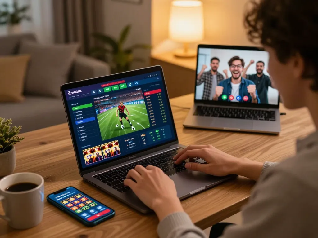 Engaging in online betting with slot pulsa app visible, celebrating wins in a cozy home setting.