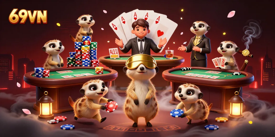 Experience thrilling action at 69VN's vibrant casino with meerkats managing games and winning prizes.