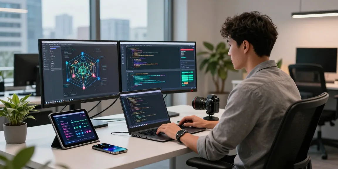 快连 software developer working in a modern office with dual monitors and coding tools.