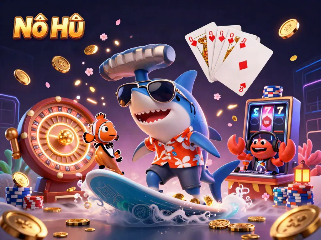Nổ Hũ brings excitement to life with a shark surfing on coins and vibrant casino elements.