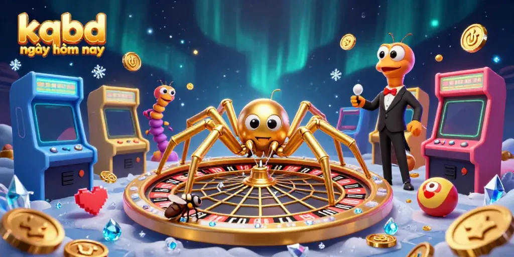 Engage with kqbd ngày hôm nay as a golden spider spins a roulette web, depicting a vivid gambling scene.