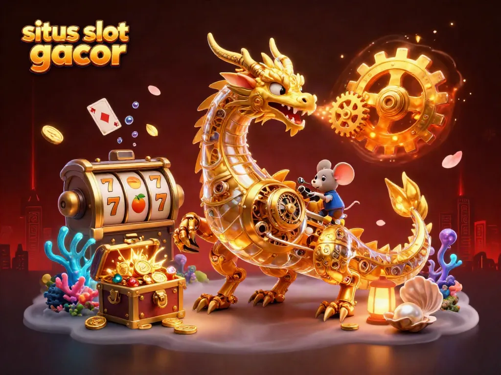 Engage with the situs slot gacor experience, featuring a vivid golden dragon and slot reels in an enchanting 3D scene.