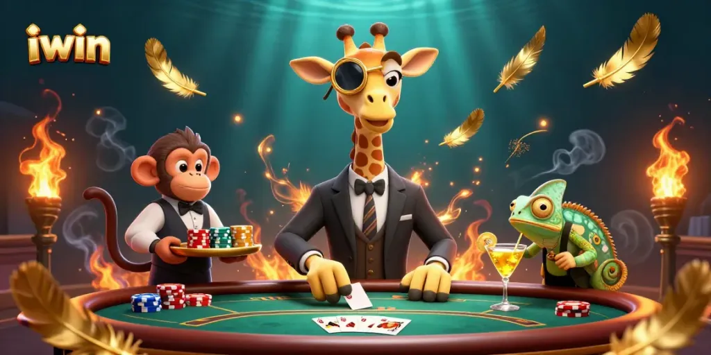 Experience high-stakes poker with the iwin giraffe and monkey valet in this vibrant casino scene.