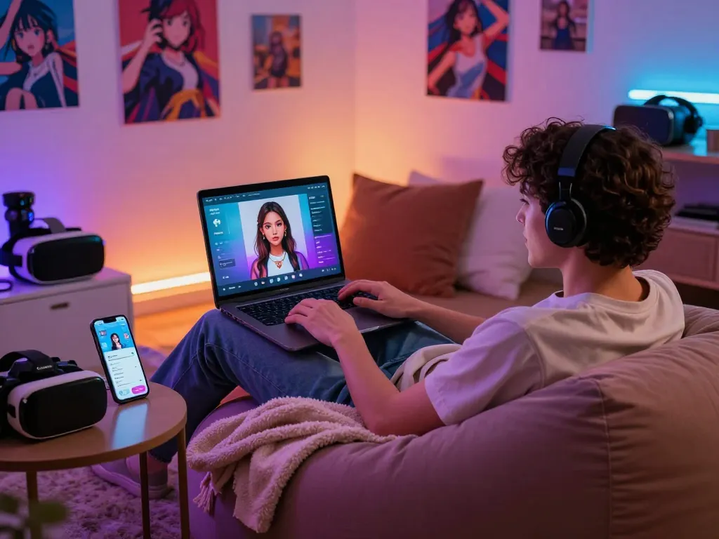 Person enjoying interaction with an AI gf on laptop in a cozy setting