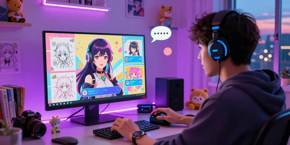 Engaging user interacting with AI ecchi chat character in vibrant anime setting.