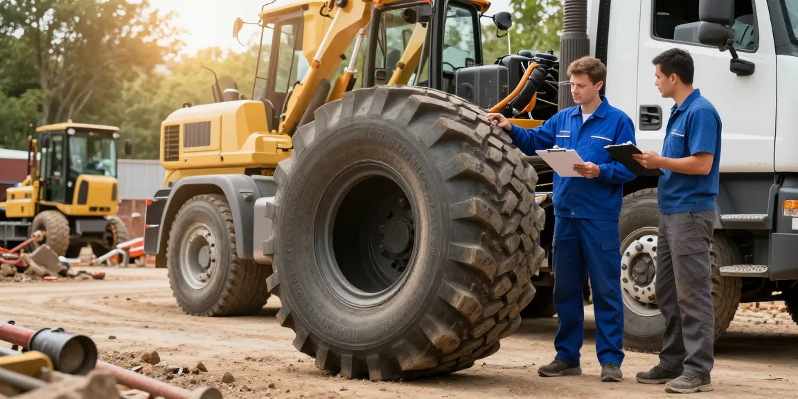 Truck showcasing Double Coin RR99 tires during inspection at a construction site.