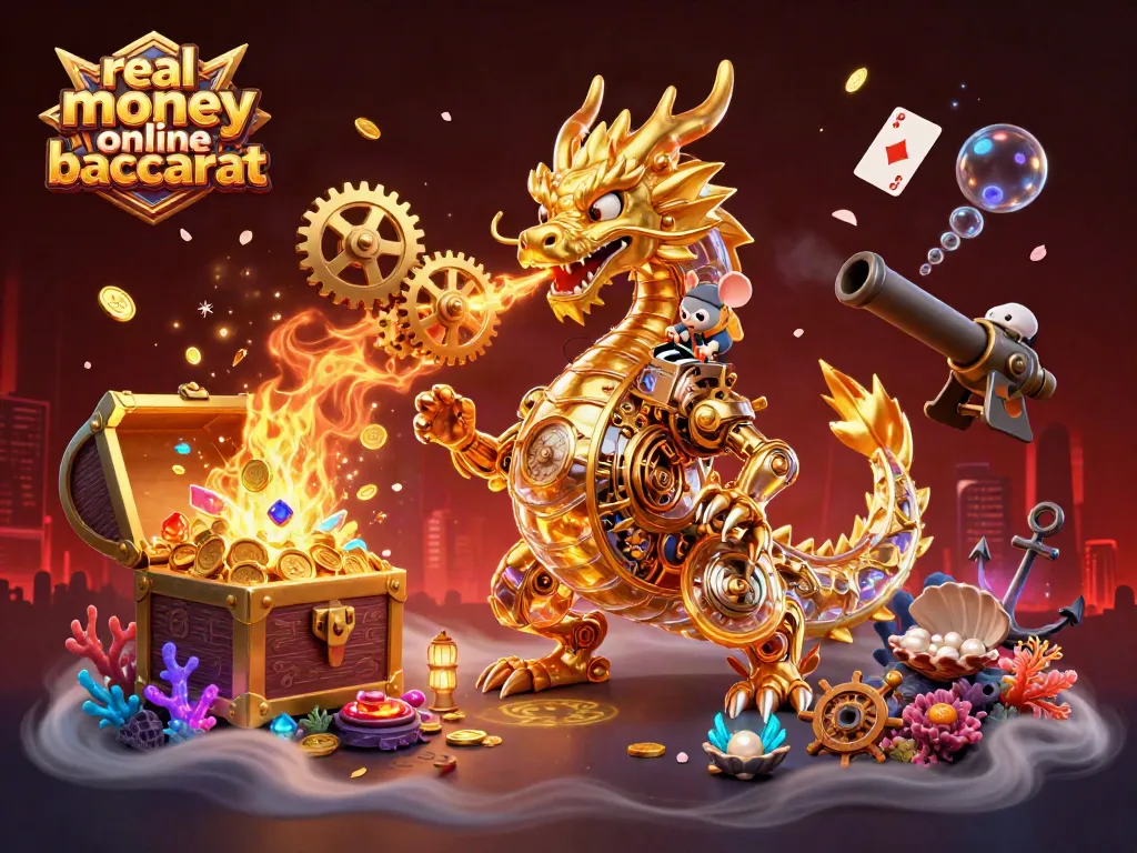 Experience real money online baccarat with a dynamic scene featuring a golden dragon and treasures.