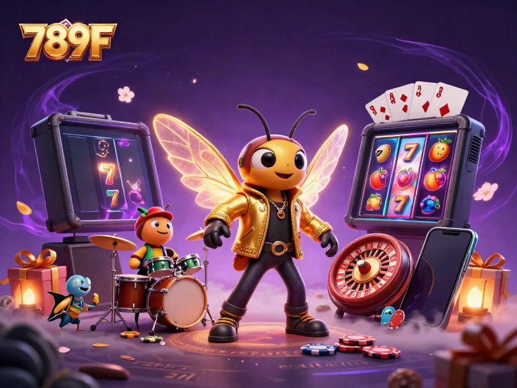 Engage with the thrilling world of 789F, featuring a rock star cicada amidst colorful casino elements.