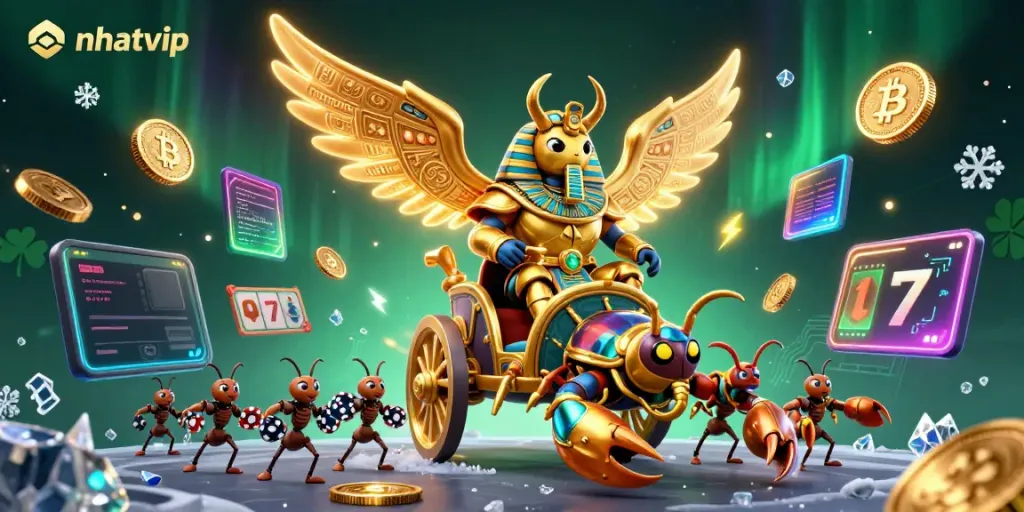 Win big with Nhatvip in this vibrant online casino illustration featuring gold and crypto elements.