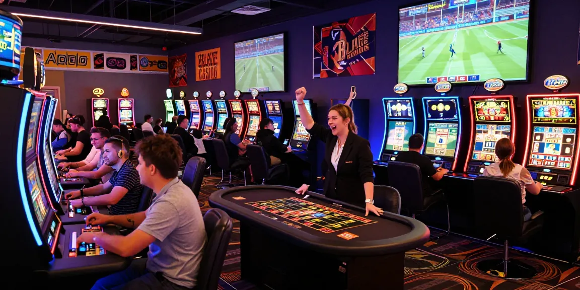 Exciting gaming scene at Blaze Casino with players at live dealer tables and slot machines, showcasing a vibrant atmosphere.