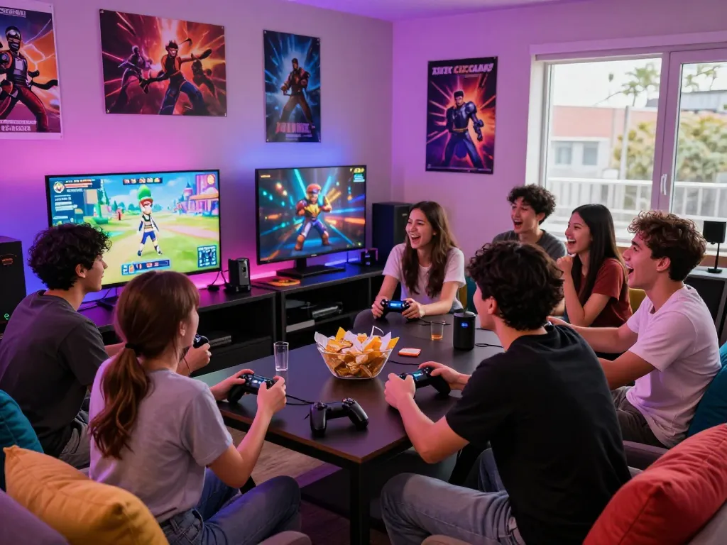 Friends enjoying an interactive xxx game in a vibrant gaming lounge filled with snacks and excitement.