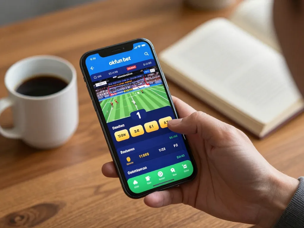 A player actively using the okfun bet app on their smartphone in a cozy home environment, highlighting online sports betting excitement.
