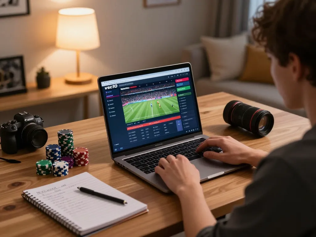 Engaged user placing bets on the vsc10 platform, illustrating a strategic online gambling experience with vibrant atmosphere.