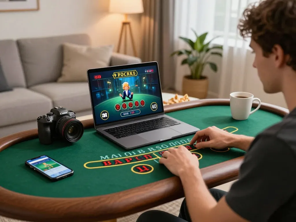 Player enjoying live dealer baccarat at home, optimizing their bj88bj experience with strategic moves