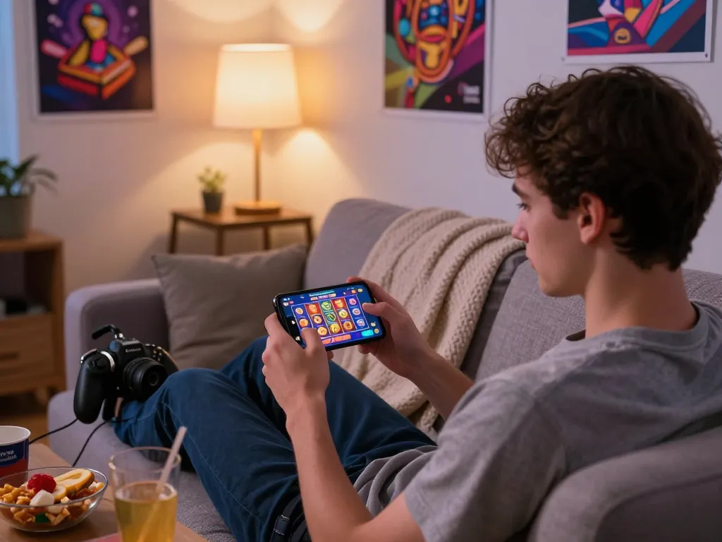 jeetbangla app download on a smartphone in a cozy living room setting, inviting atmosphere with snacks and gaming accessories.